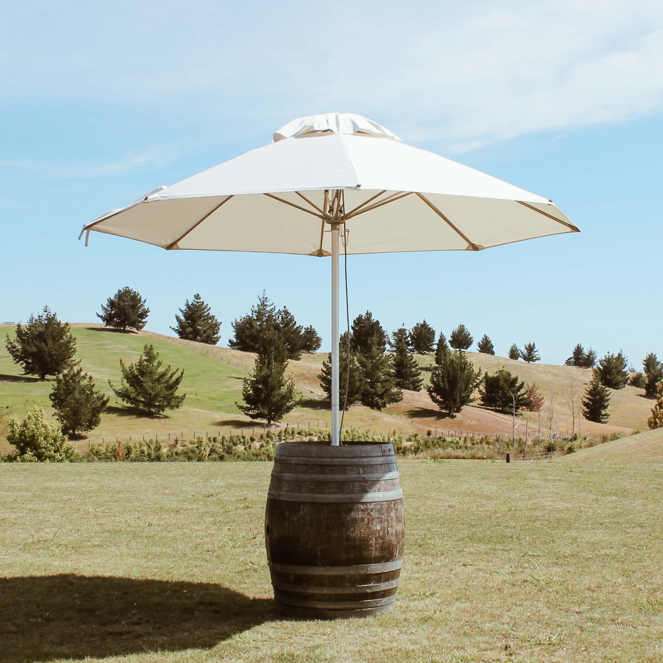 Market Umbrella w/ Wine Barrel – Cream 2.7m