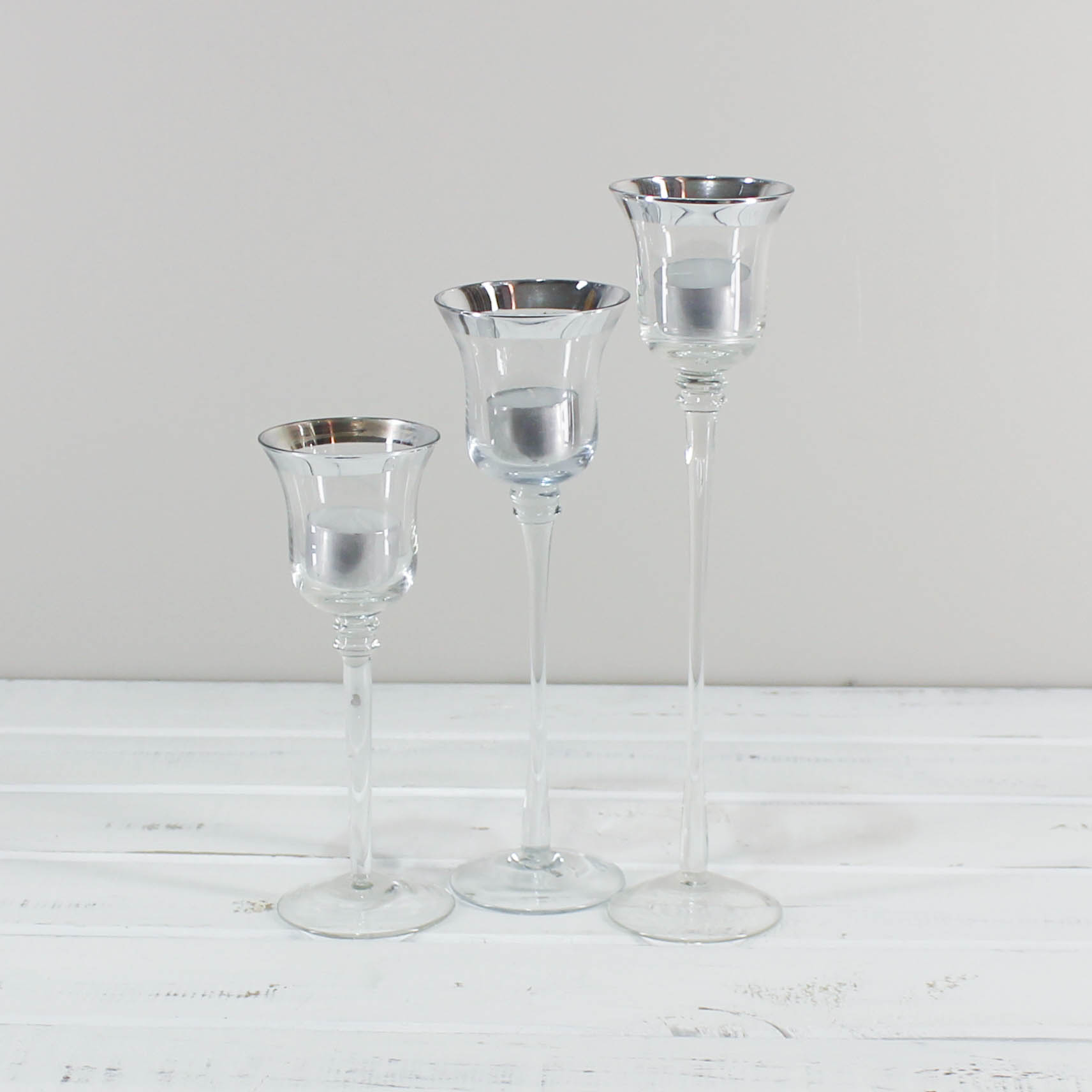 Glass Tealight Holder Silver Rim w/ Candle